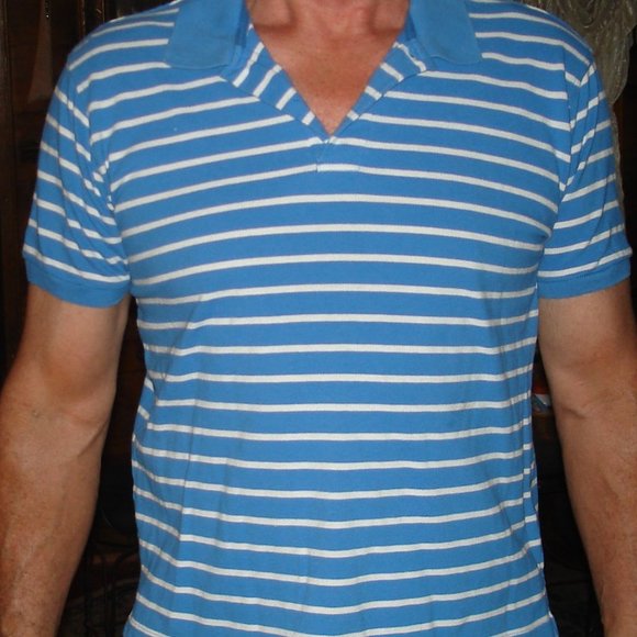 Basic Editions Classic Fit Men's Blue & White Striped Short Sleeve Polo Size LG - Picture 1 of 5